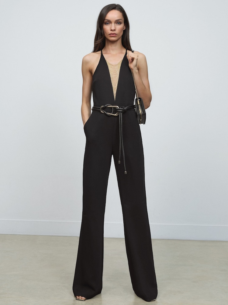 reiss Chain-Detail Flared-Leg Jumpsuit in Black