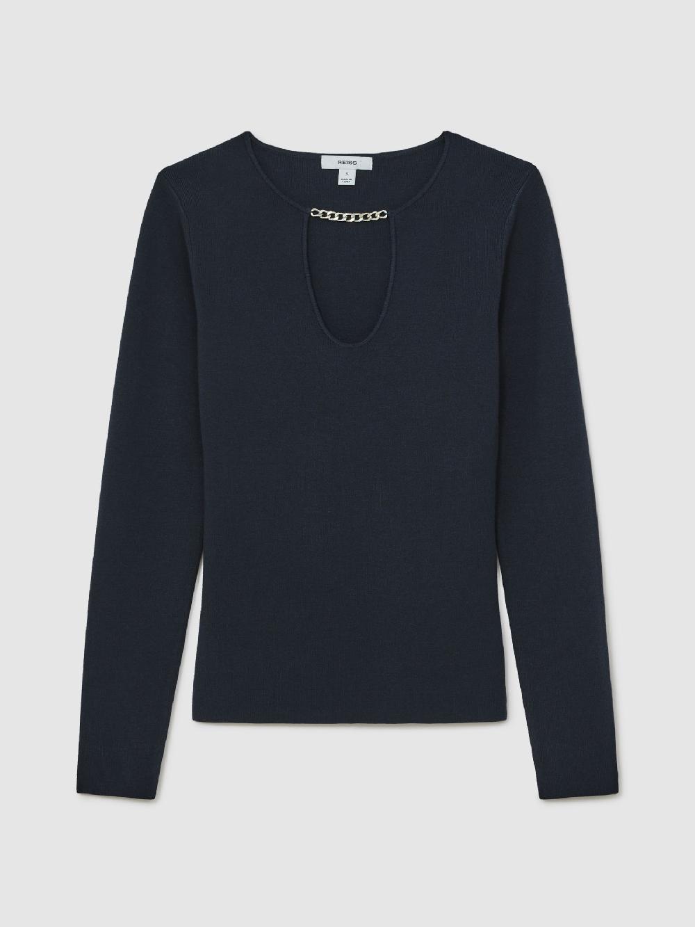Reiss Chain-Detail Keyhole Knit Top In Navy