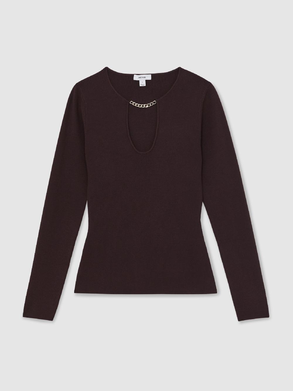 Reiss Chain-Detail Keyhole Knit Top In Plum