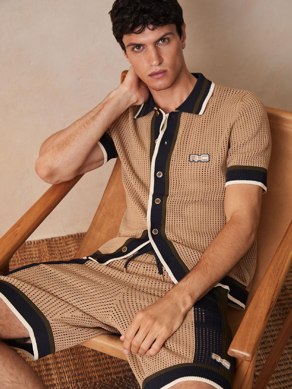 Reiss Reiss | Ché Crochet Colour-Block Shorts In Camel/Green