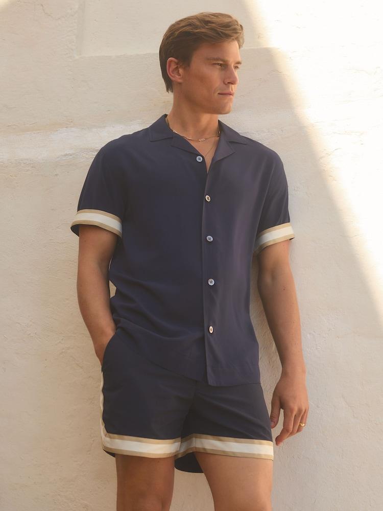 reiss Reiss | Ché Cuff Detail Cuban Collar Shirt in Navy