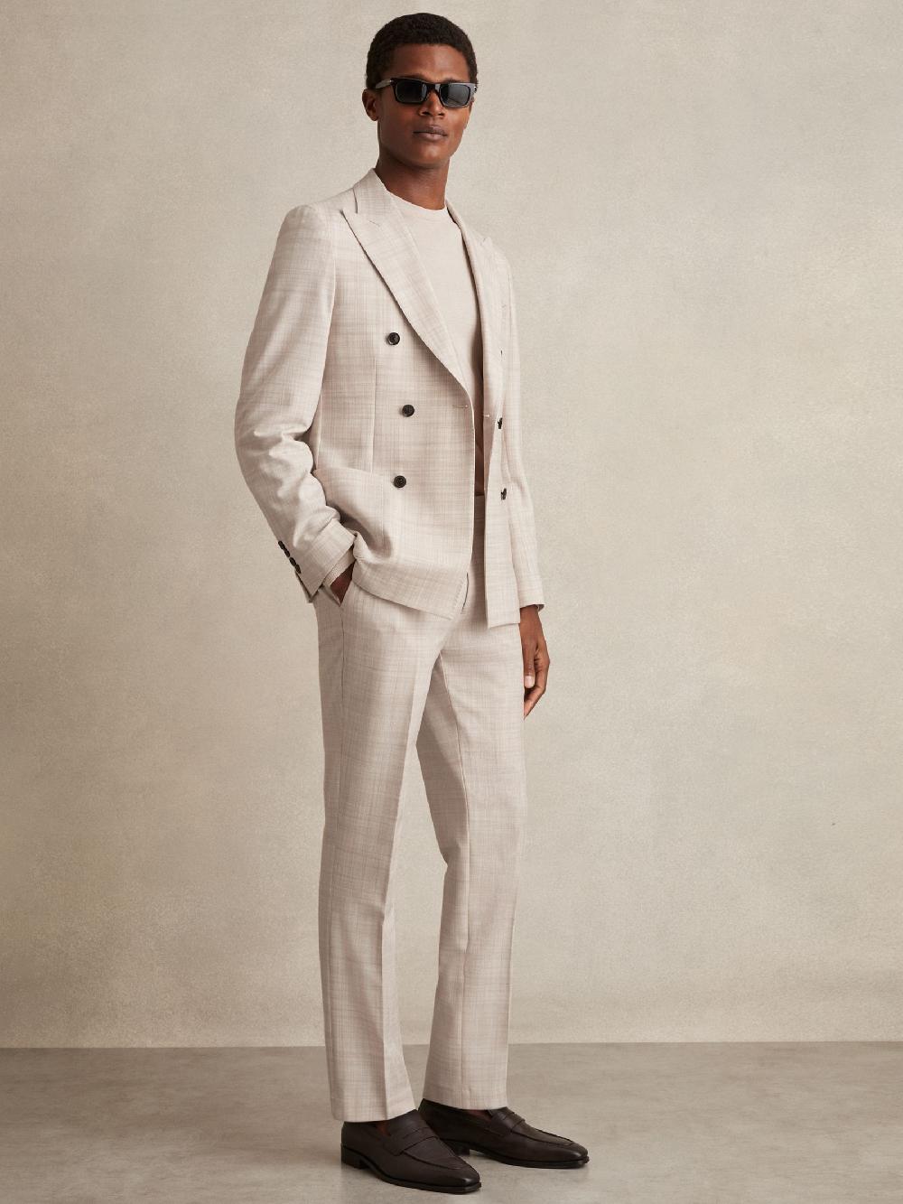 Reiss Check Regular-Fit Suit Trousers In Stone