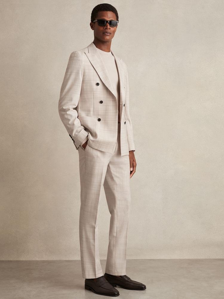 reiss Check Regular-Fit Suit Trousers in Stone