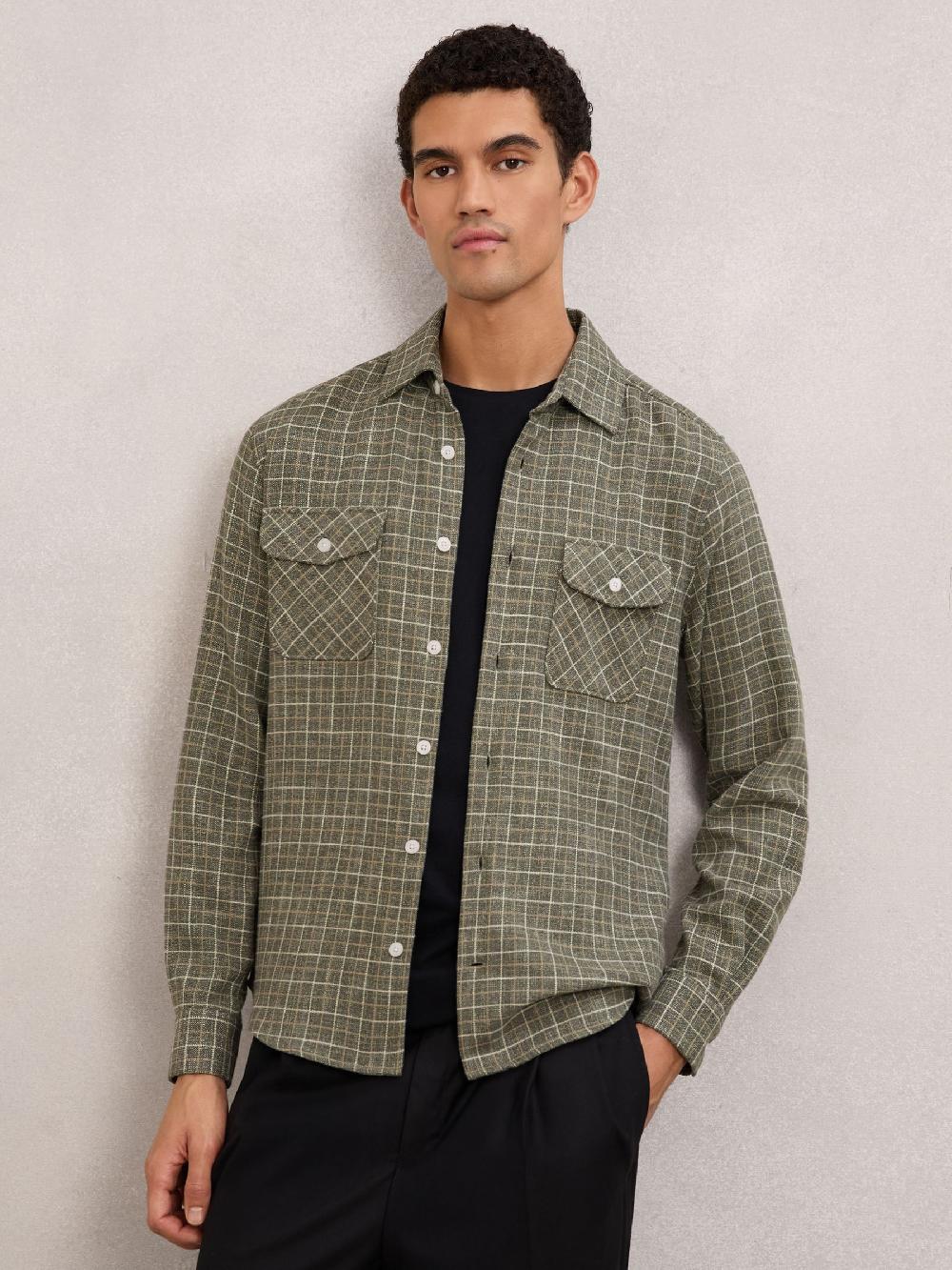 Reiss Check Twin-Pocket Jersey Overshirt In Grey
