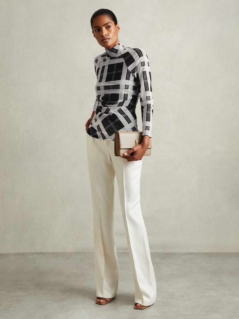 Reiss Checked Ruched Top In Black/White