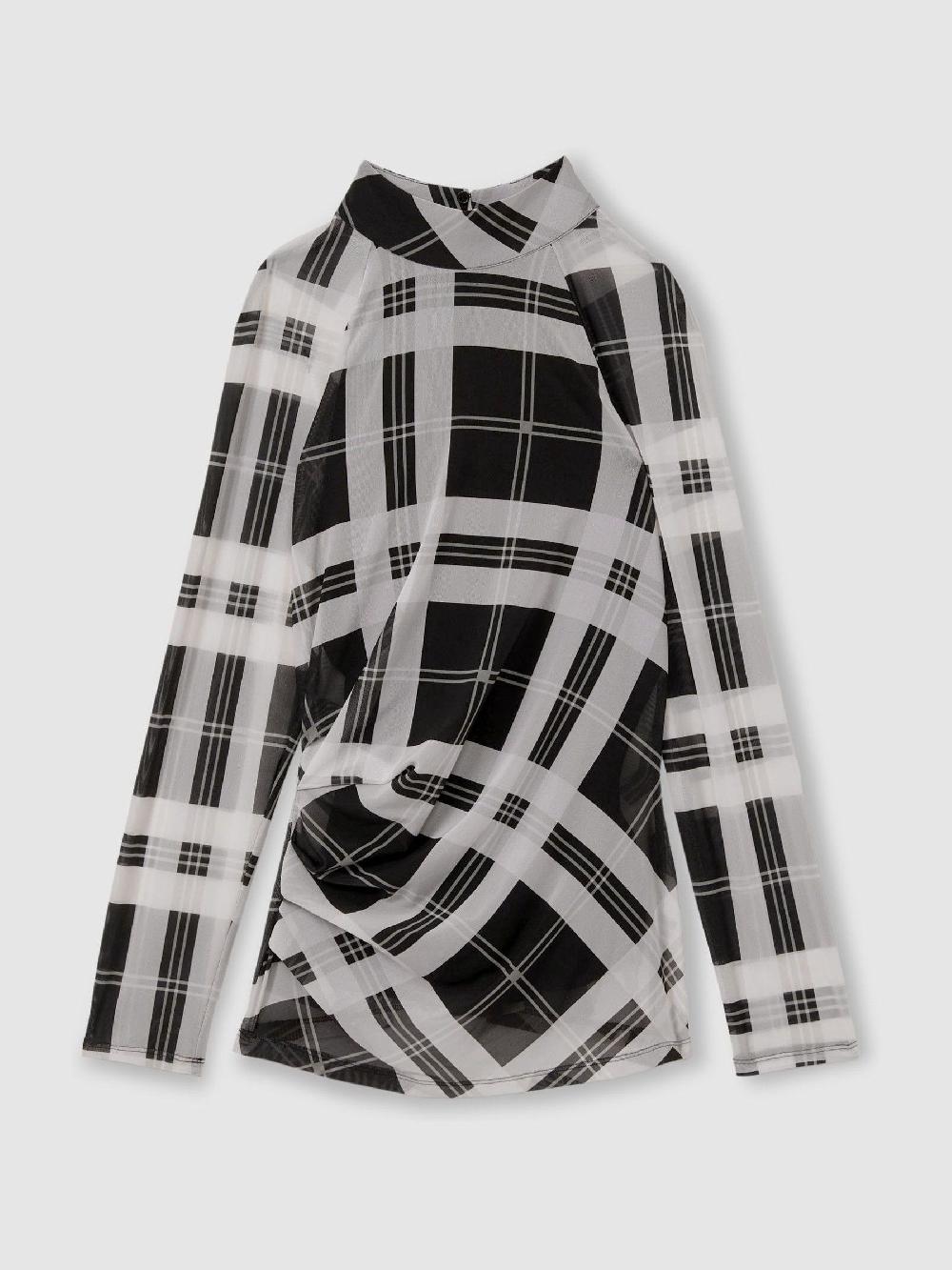 Reiss Checked Ruched Top In Black/White