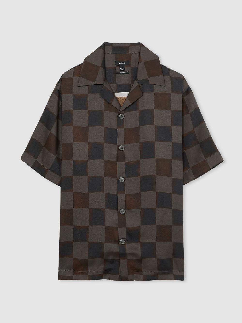 Reiss Chequered-Print Cuban-Collar Shirt In Brown