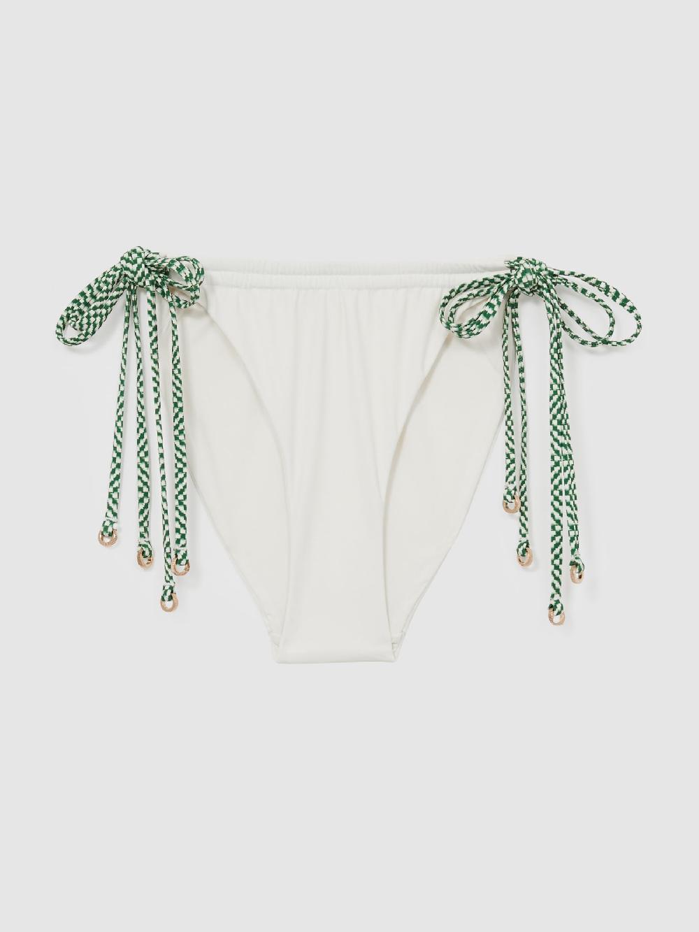 Reiss Chequered-Tie Bikini Bottoms In White/Green