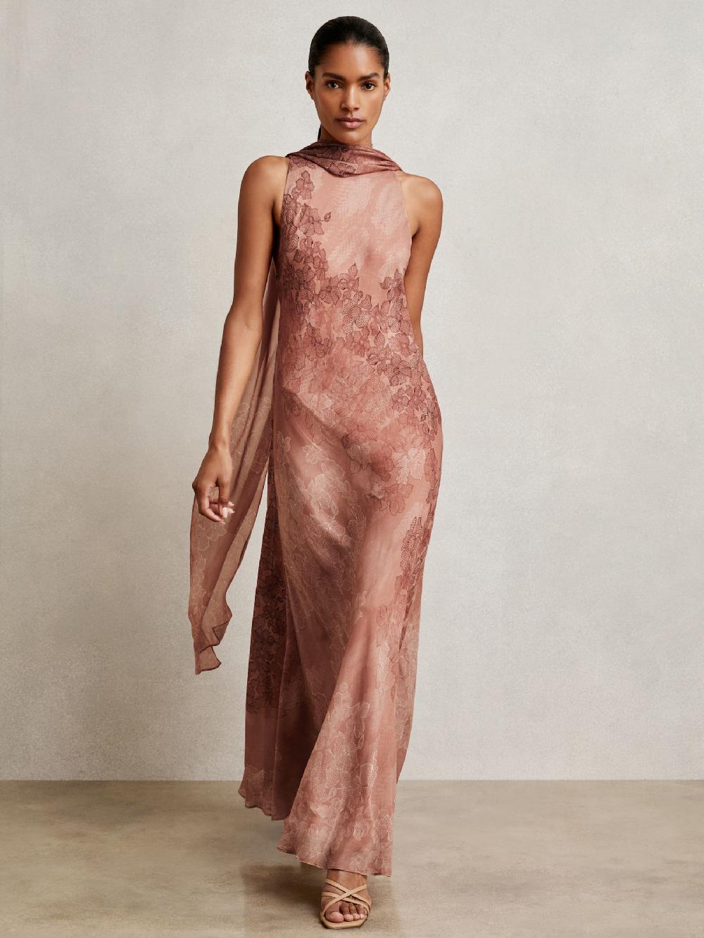 Reiss Chiffon Floral Cape Maxi Dress In Pale Pink