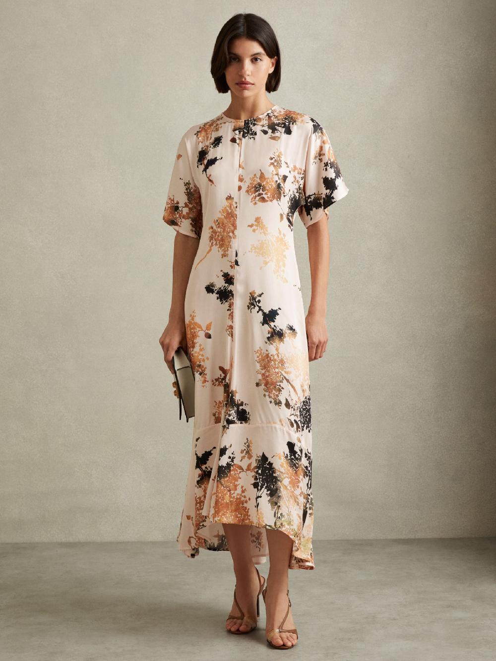 Reiss Chrissy Pale Pink Floral Print Midi Dress