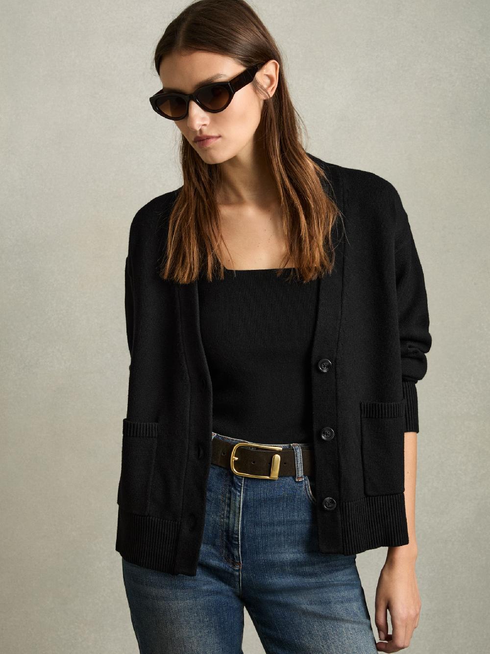 Reiss Chunky Knitted Cardigan In Black