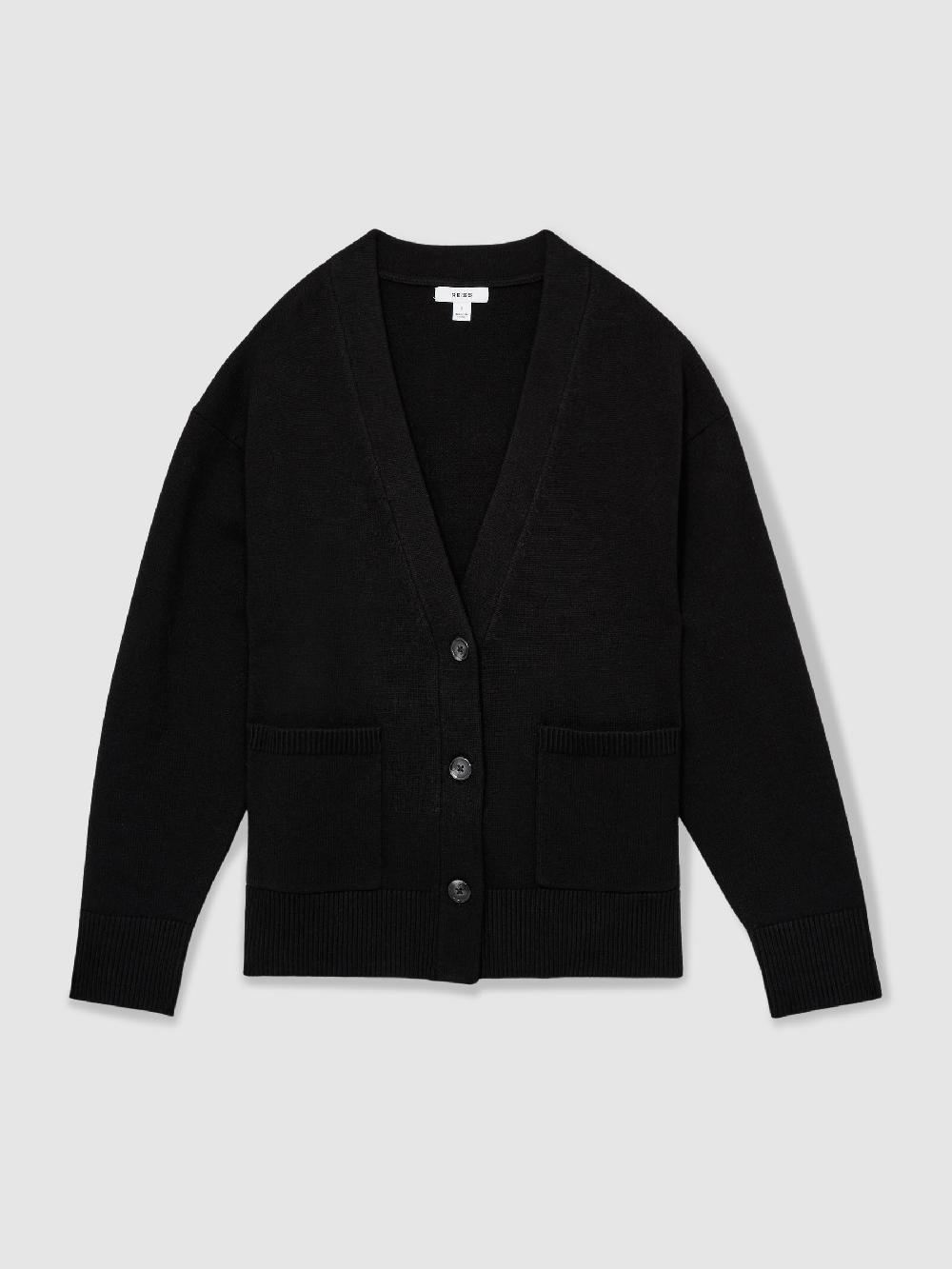 Reiss Chunky Knitted Cardigan In Black