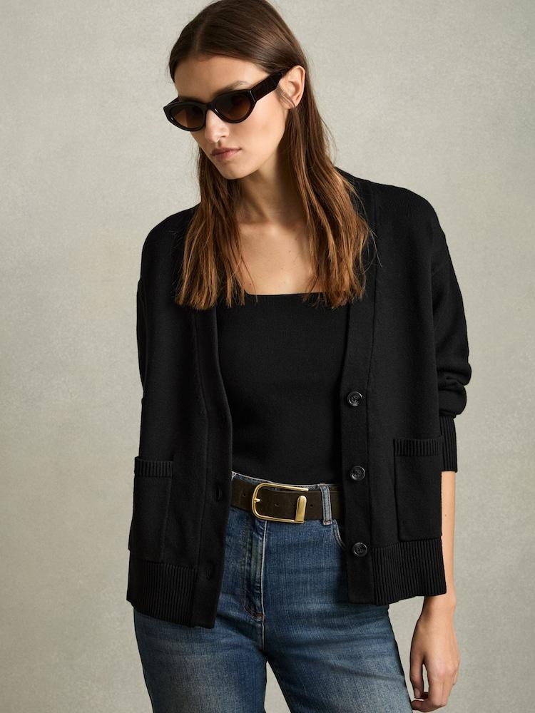 reiss Chunky Knitted Cardigan in Black