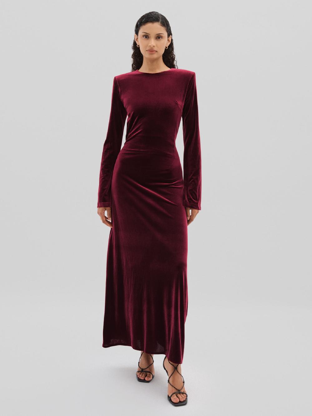 Reiss Code Open-Back Velvet Maxi Dress In Burgundy