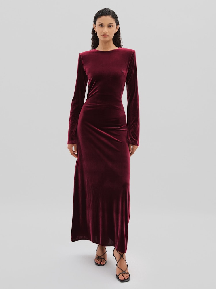 reiss Code Open-Back Velvet Maxi Dress in Burgundy