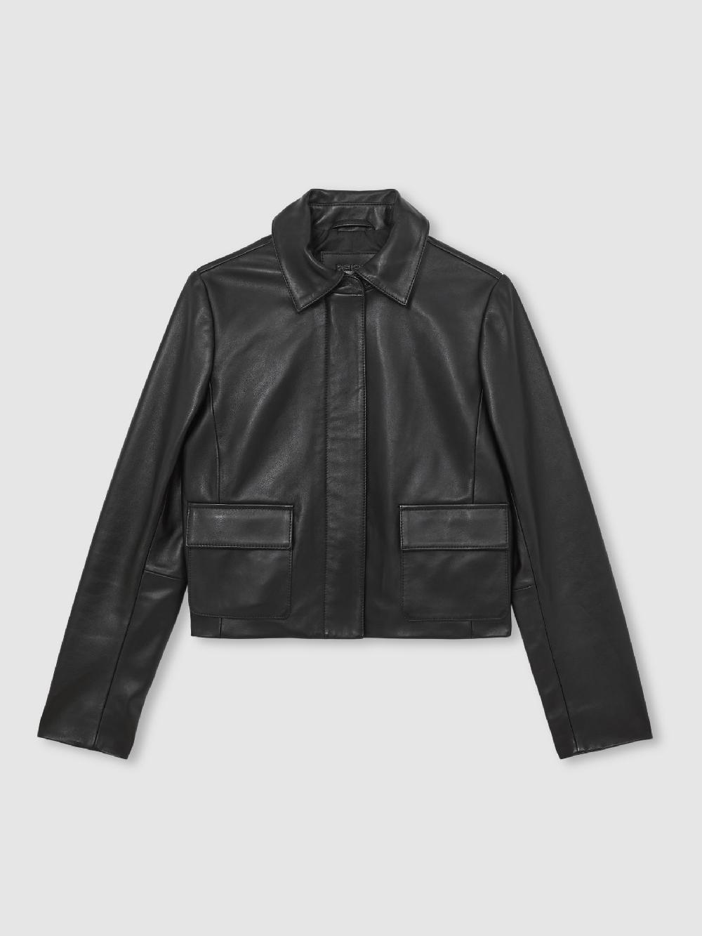Reiss Collared Leather Jacket In Black