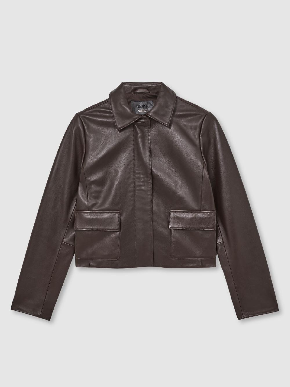 Reiss Collared Leather Jacket In Chocolate Brown