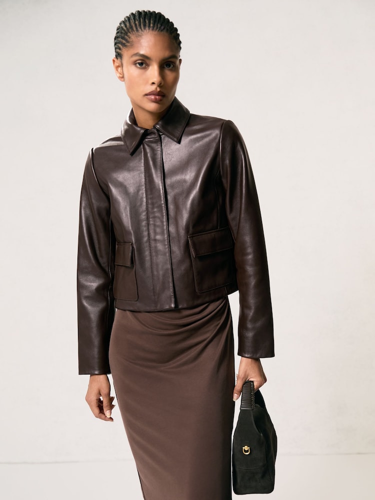 reiss Collared Leather Jacket in Chocolate Brown