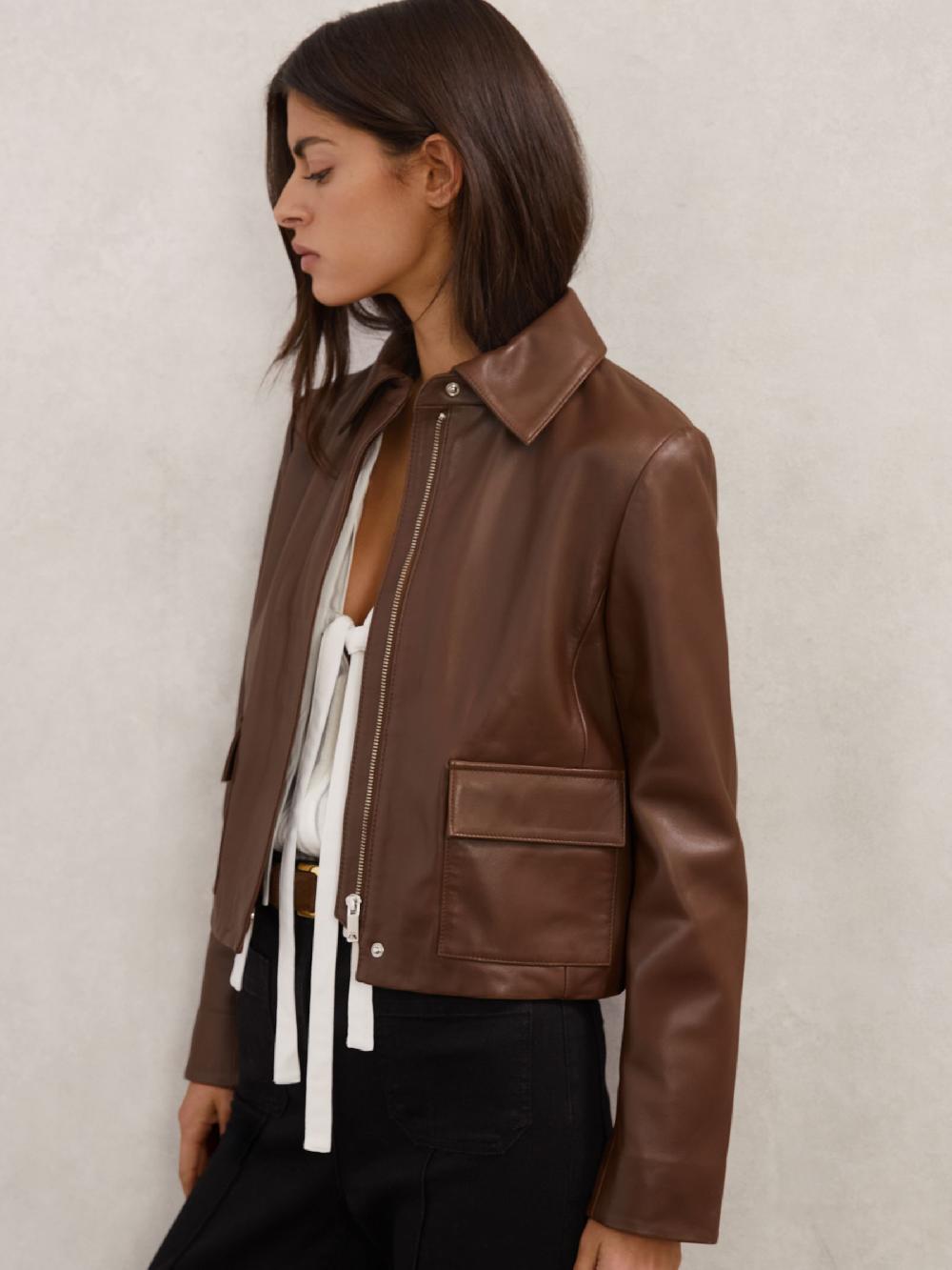 Reiss Collared Leather Jacket In Mocha Brown