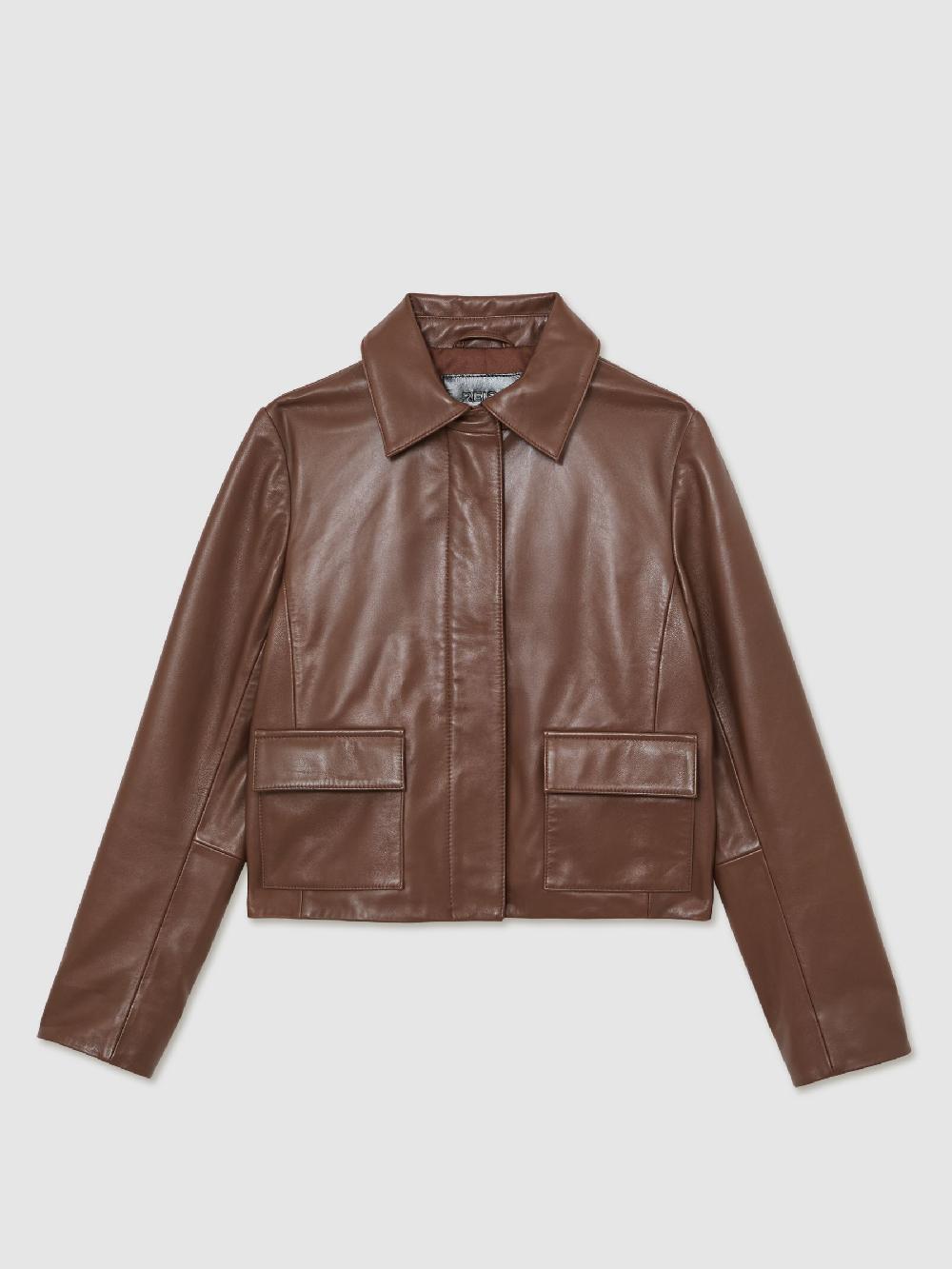 Reiss Collared Leather Jacket In Mocha Brown