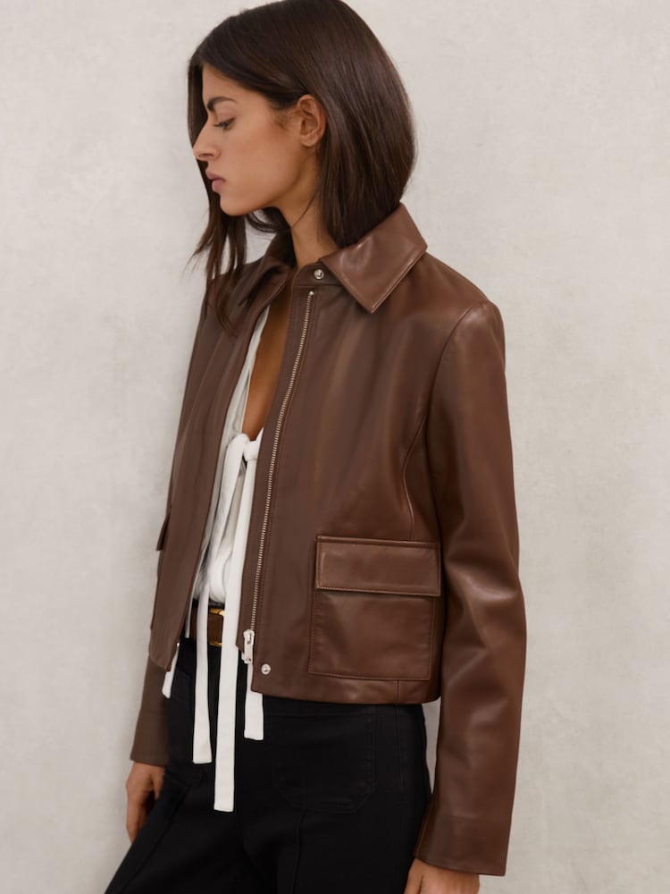 reiss Collared Leather Jacket in Mocha Brown