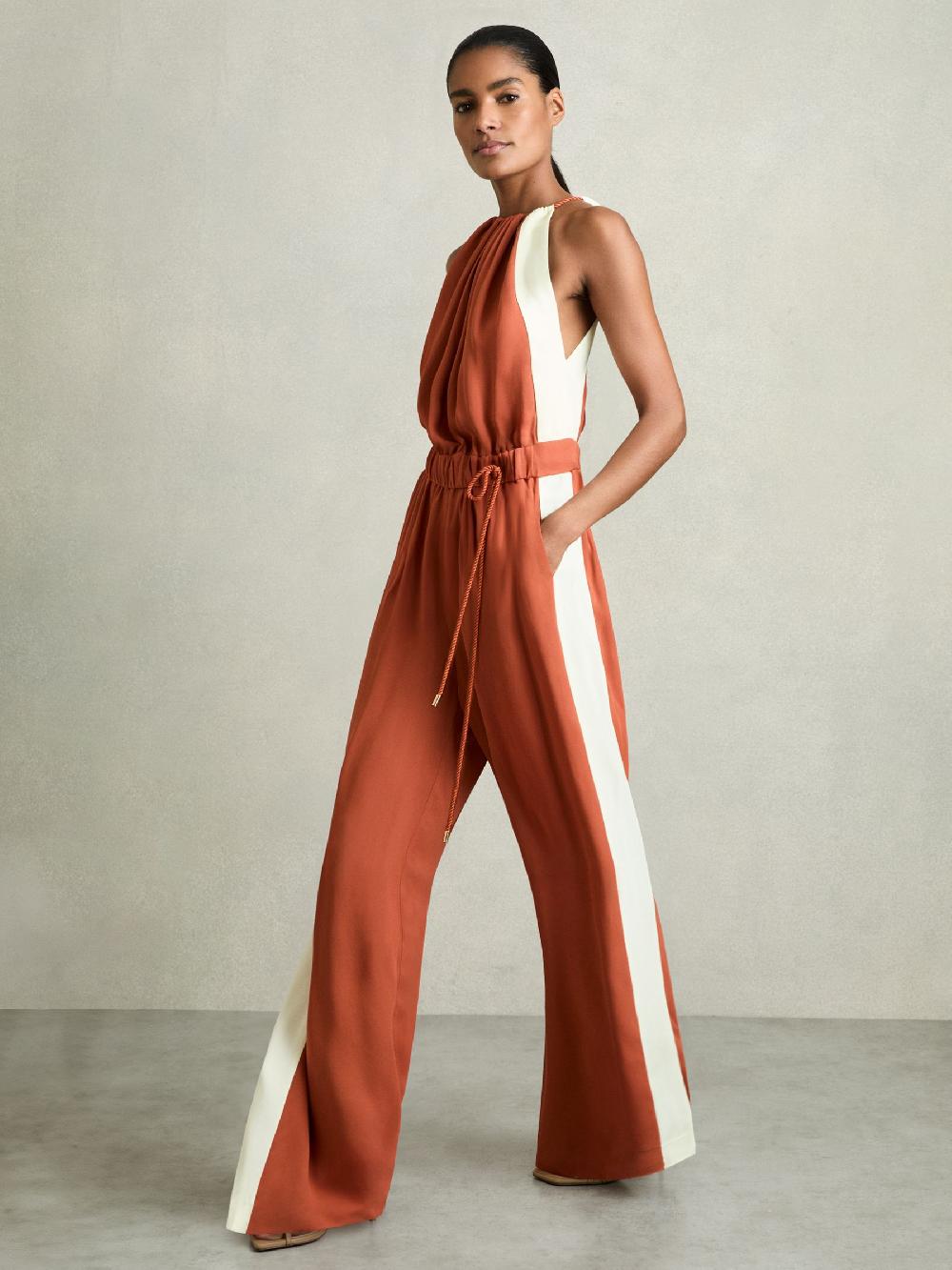 Reiss Colour-Block Rope-Cord Jumpsuit In Orange