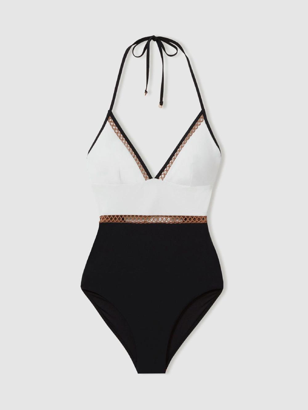 Reiss Colourblock Halter Swimsuit In White/Tan