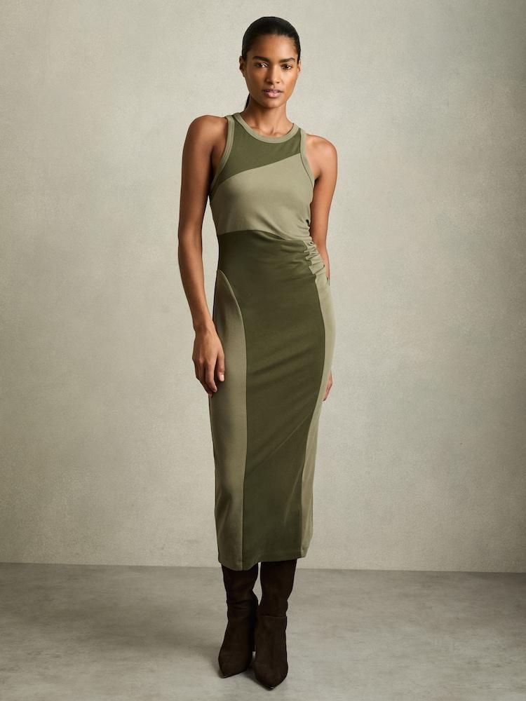 reiss Colourblock Jersey Bodycon Dress in Khaki