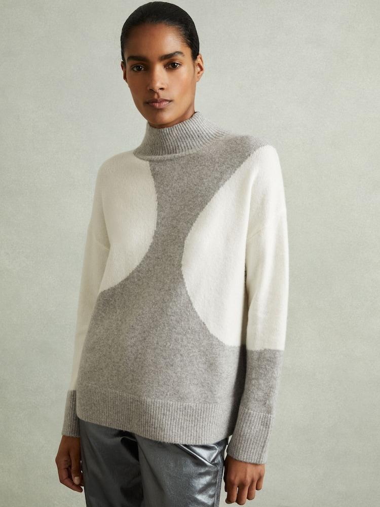 reiss Colourblock Roll Neck Jumper in Ivory/Grey