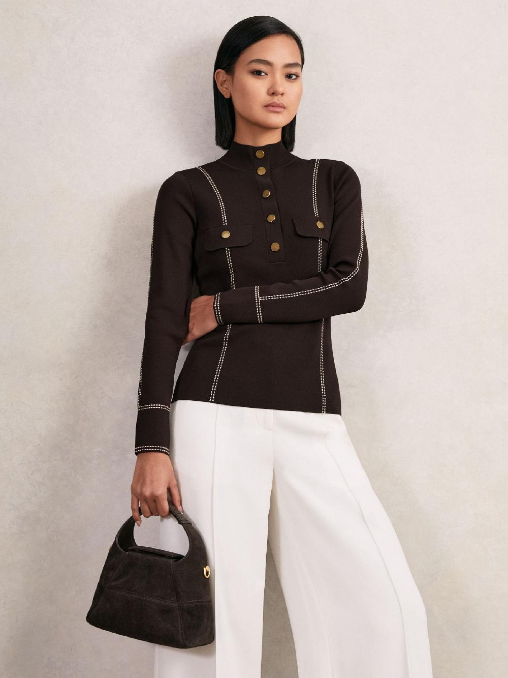 Reiss Contrast-Stitch Knit Top In Burgundy