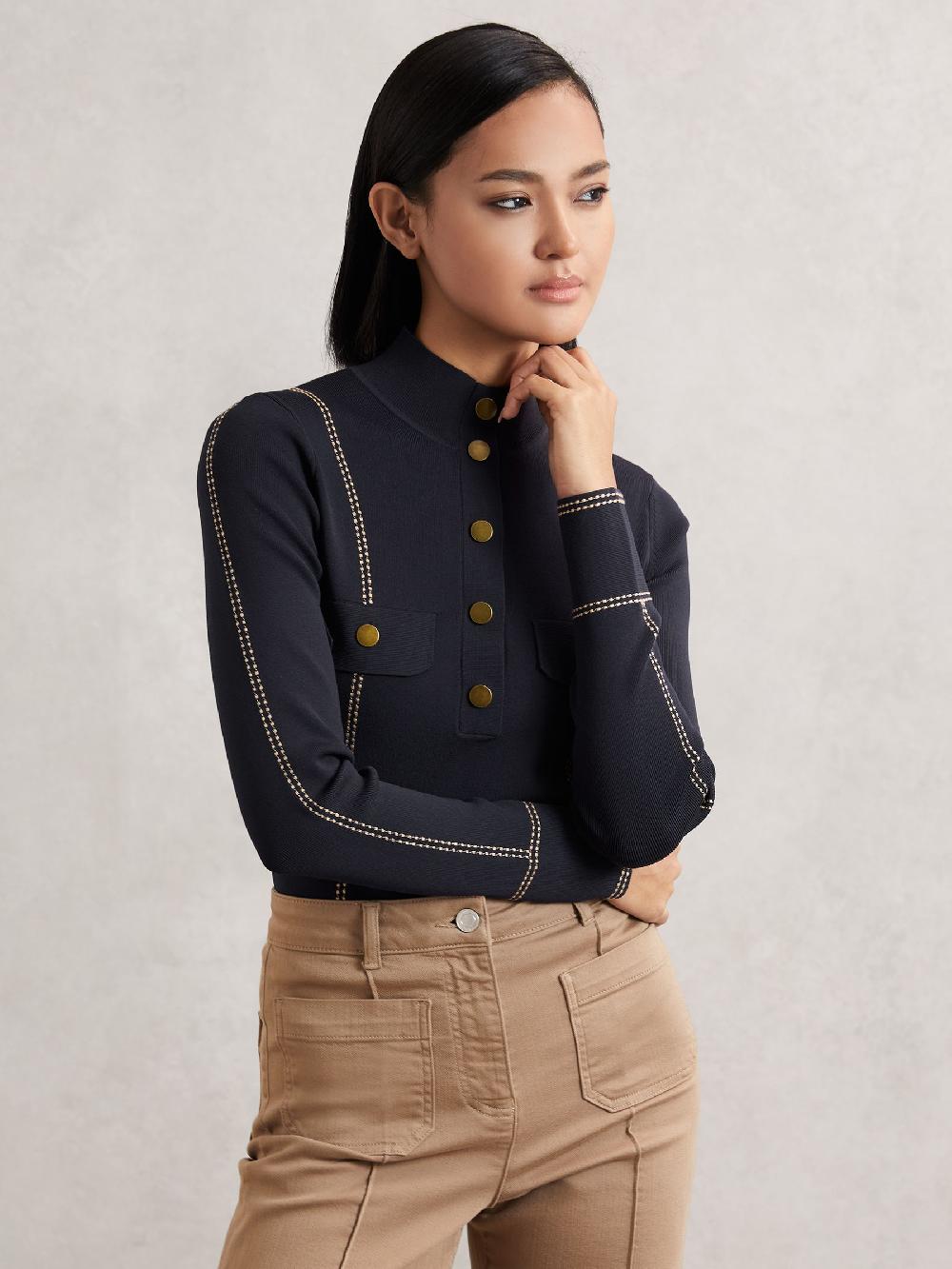 Reiss Contrast-Stitch Knit Top In Navy