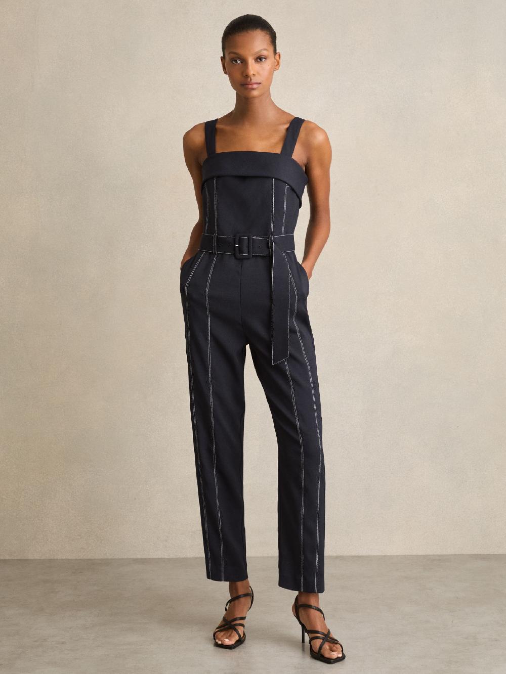 Reiss Contrast Stitch Structured Jumpsuit In Navy
