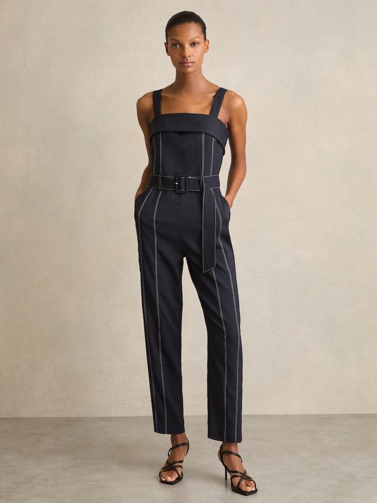 reiss Contrast Stitch Structured Jumpsuit in Navy