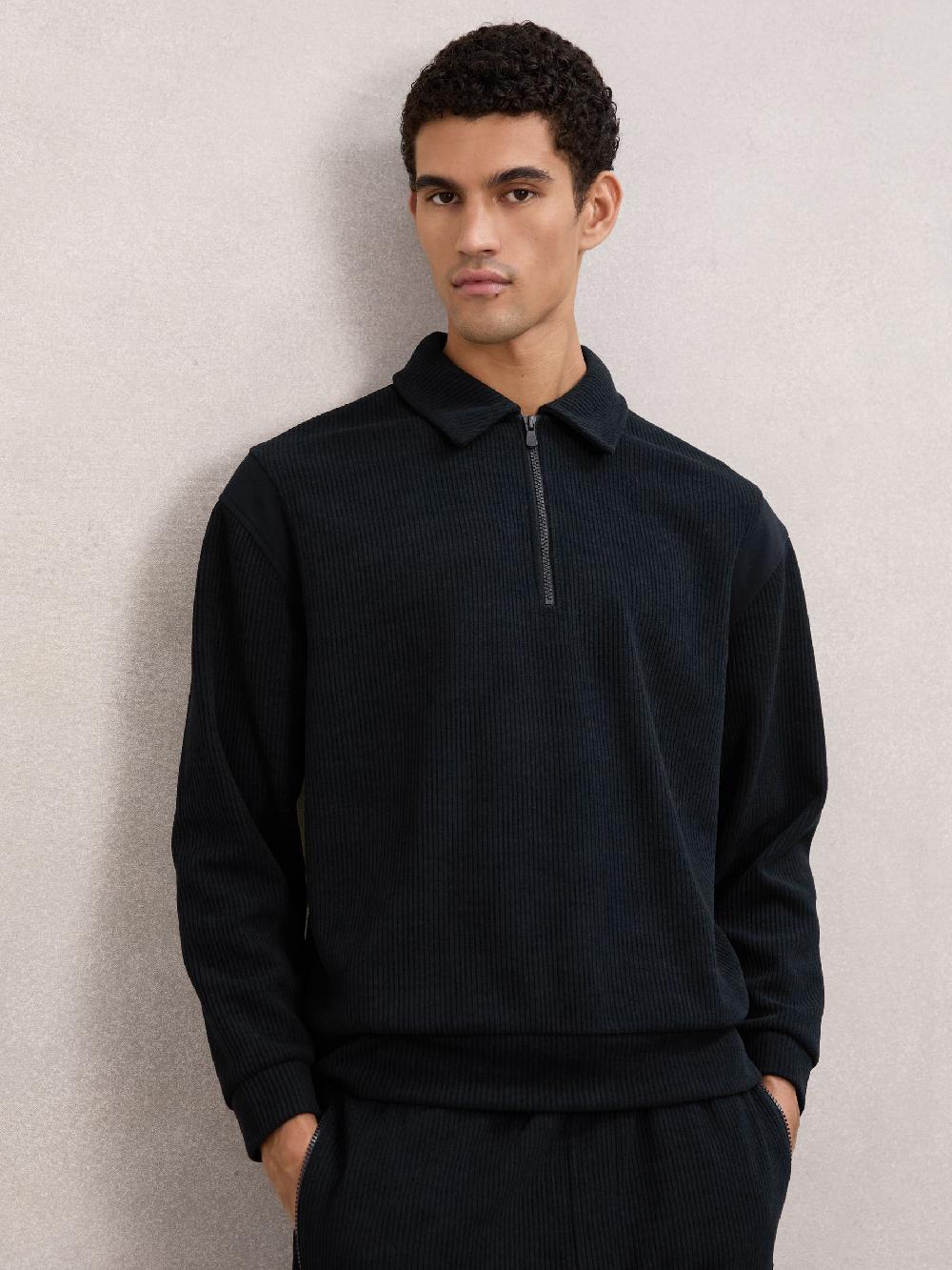 Reiss Corduroy Half-Zip Polo Shirt In Navy