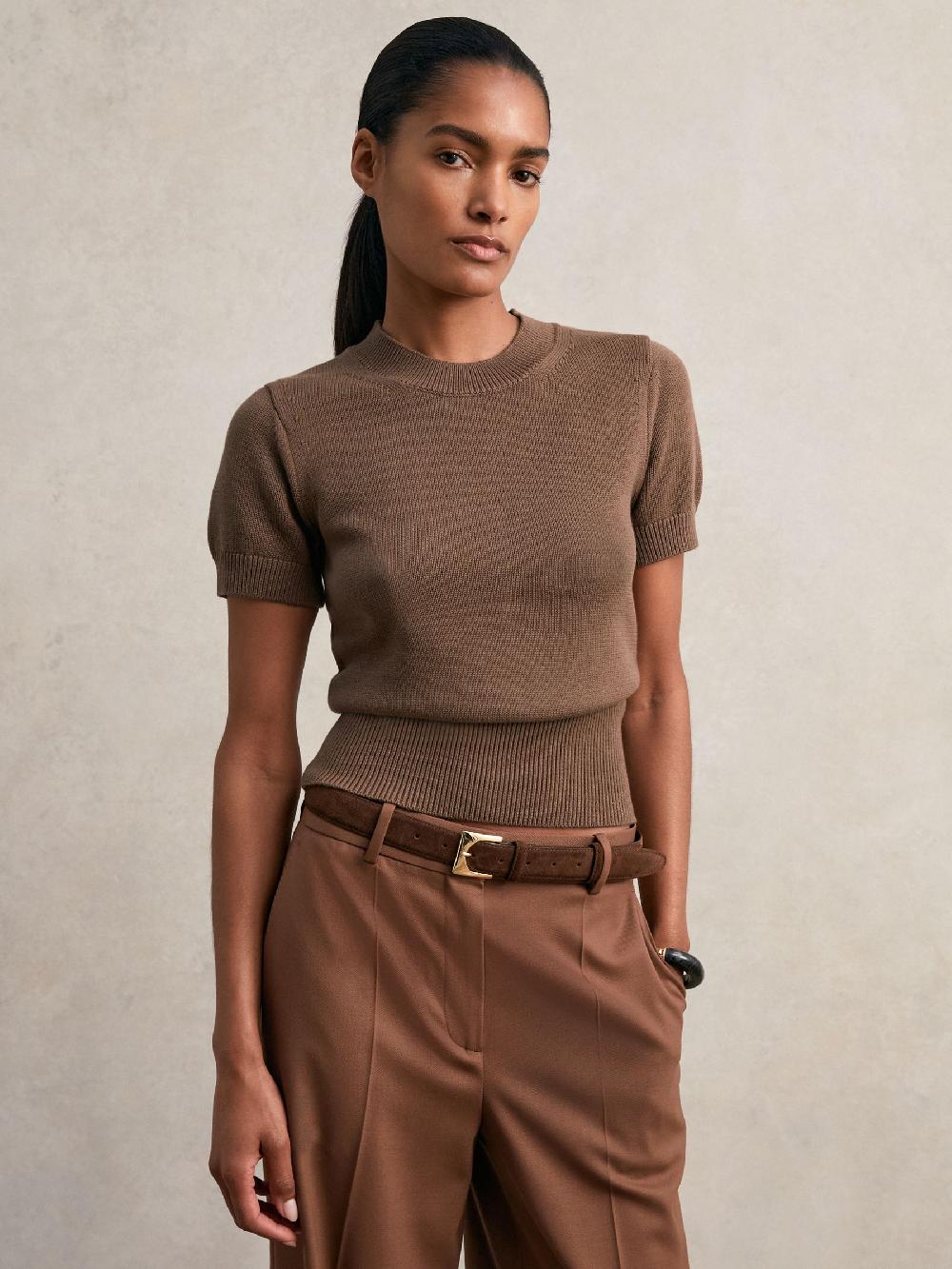 Reiss Cotton And Wool Crew-Neck Top In Brown