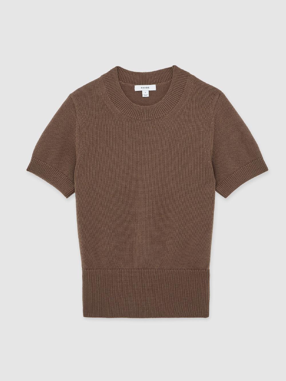 Reiss Cotton And Wool Crew-Neck Top In Brown