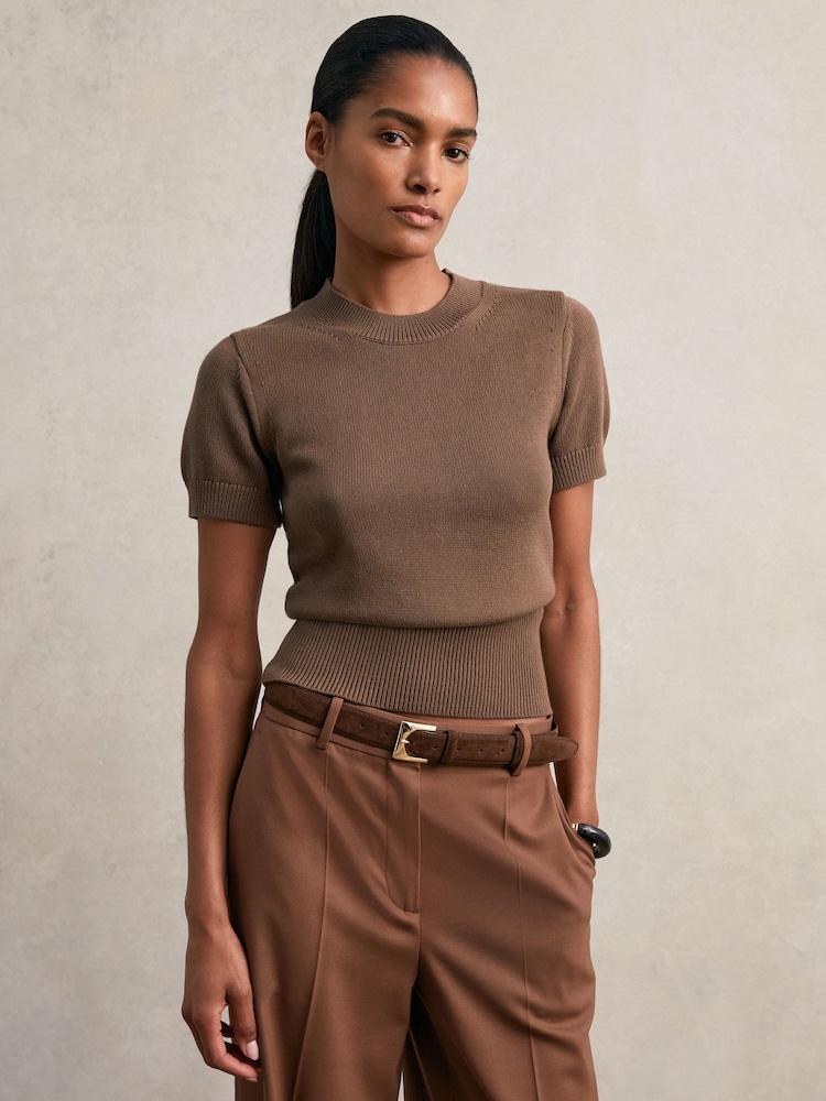 reiss Cotton And Wool Crew-Neck Top in Brown