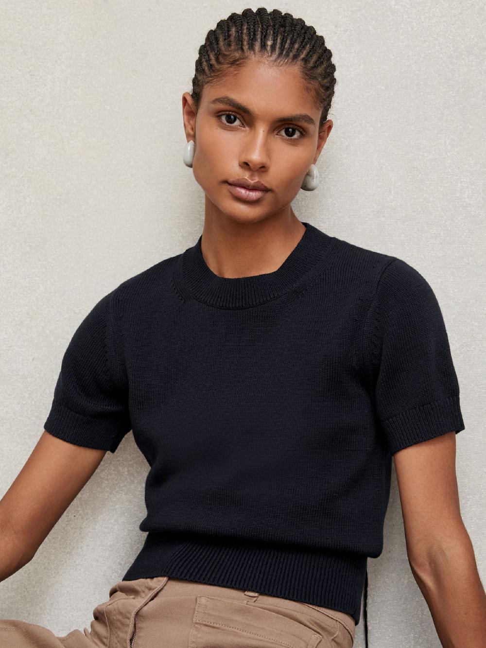 Reiss Cotton And Wool Crew-Neck Top In Navy