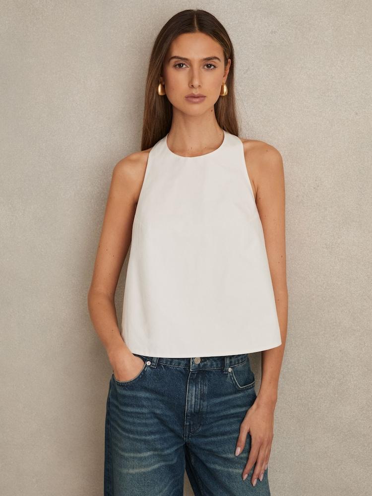 reiss Cotton Belt-Halterneck Top in Ivory