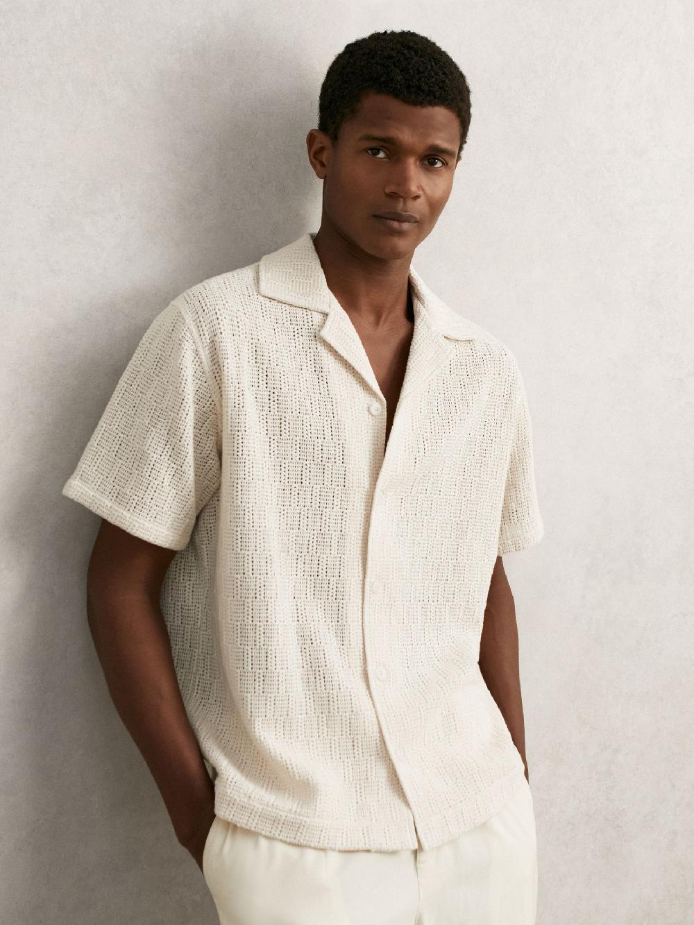 Reiss Cotton-Blend Crochet Shirt In Off White