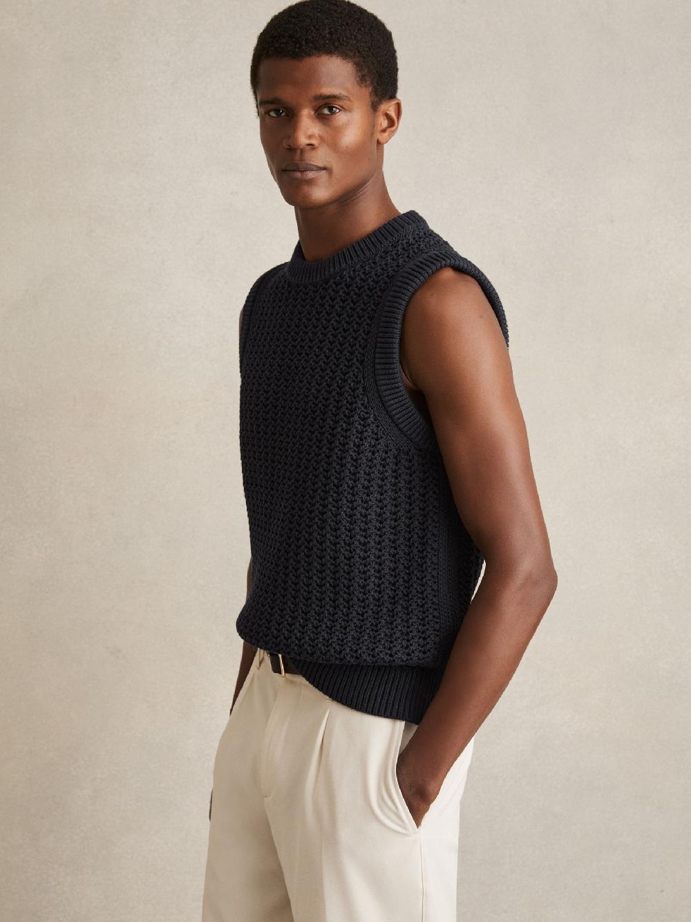 Reiss Cotton-Blend Crochet Vest In Navy