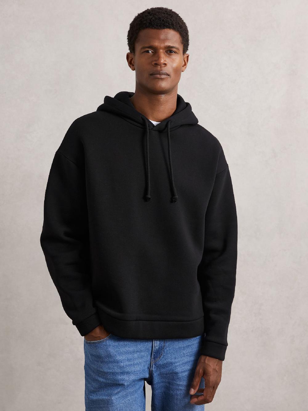 Reiss Cotton-Blend Fleece-Back Hoodie In Black