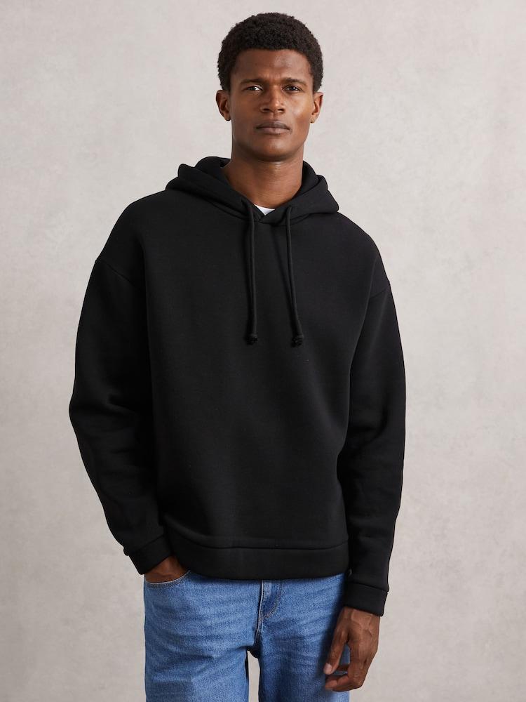 reiss Cotton-Blend Fleece-Back Hoodie in Black