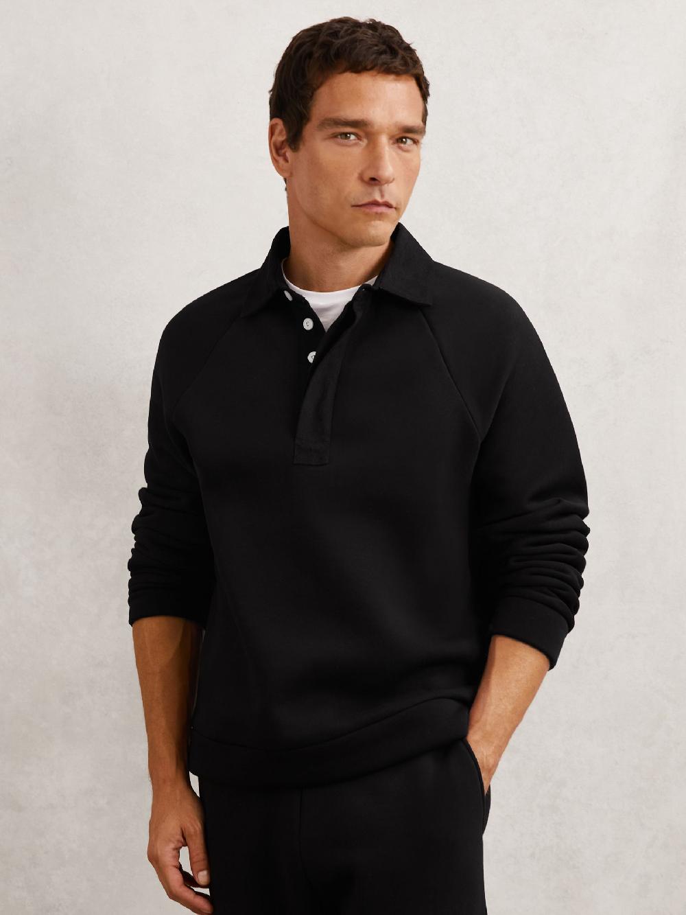 Reiss Cotton-Blend Fleece-Back Polo Shirt In Black