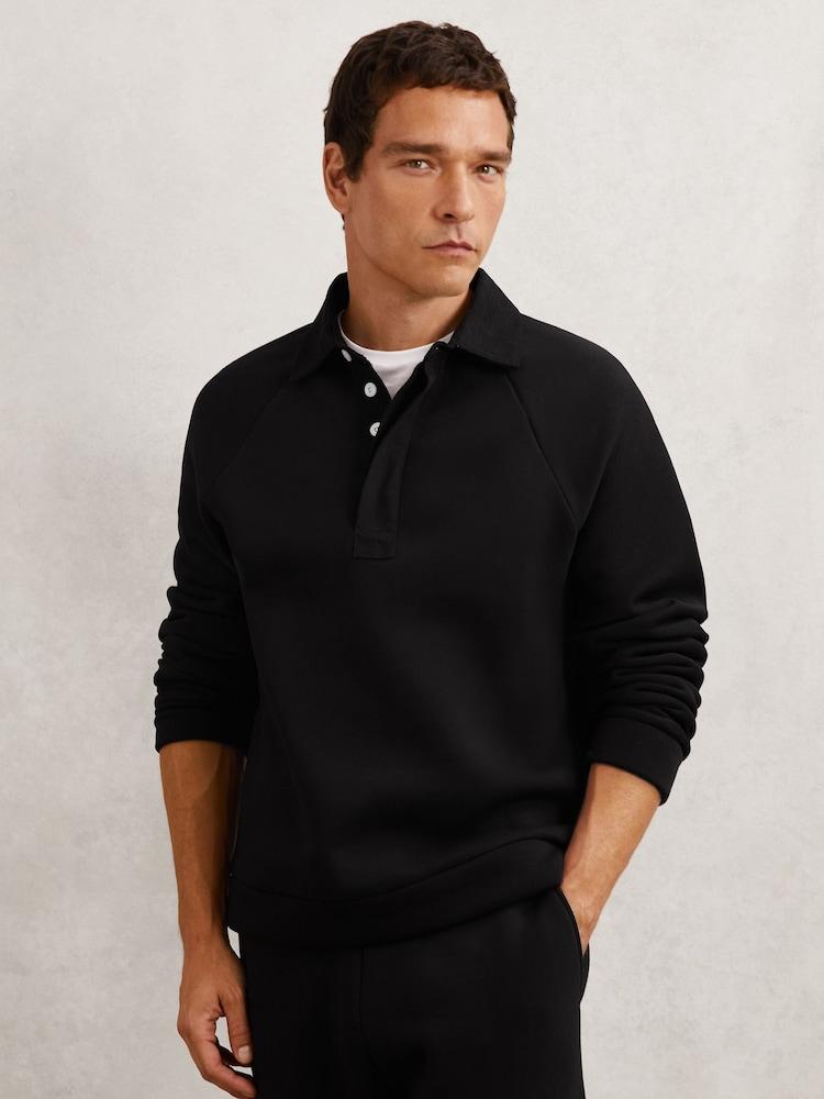reiss Cotton-Blend Fleece-Back Polo Shirt in Black