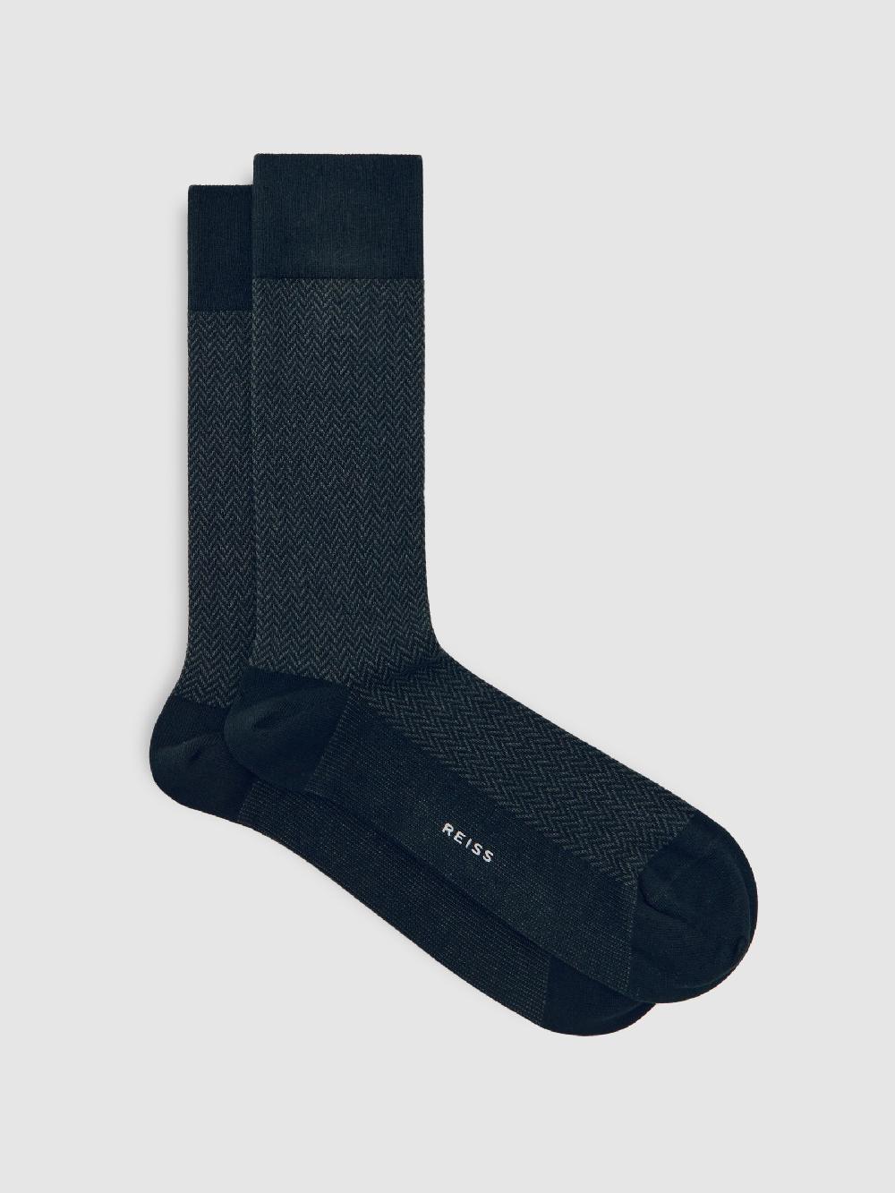 Reiss Cotton-Blend Herringbone Socks In Charcoal