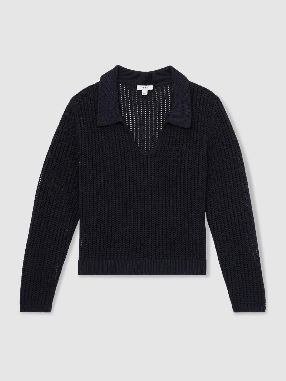 Reiss Cotton Blend Open Collar Jumper In Navy