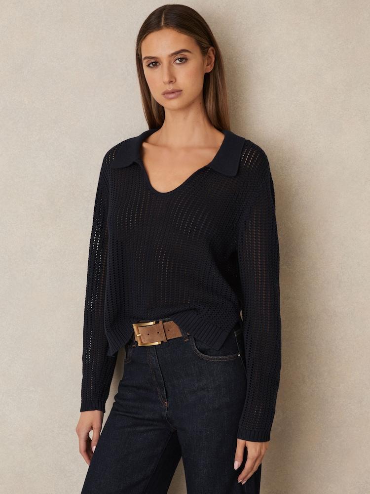 reiss Cotton Blend Open Collar Jumper in Navy