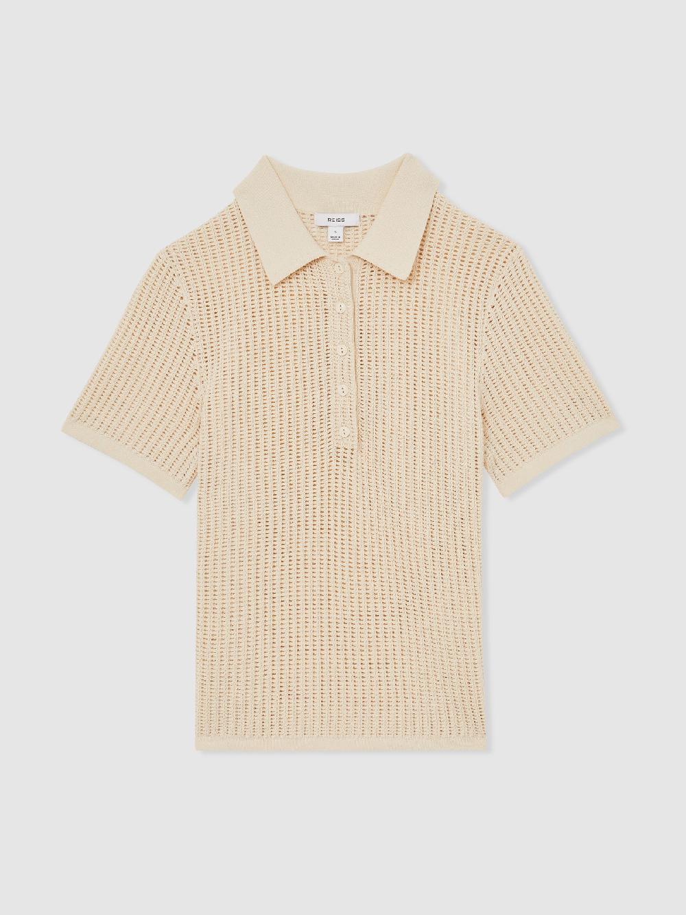 Reiss Cotton-Blend Open-Knit Polo Shirt In Ivory