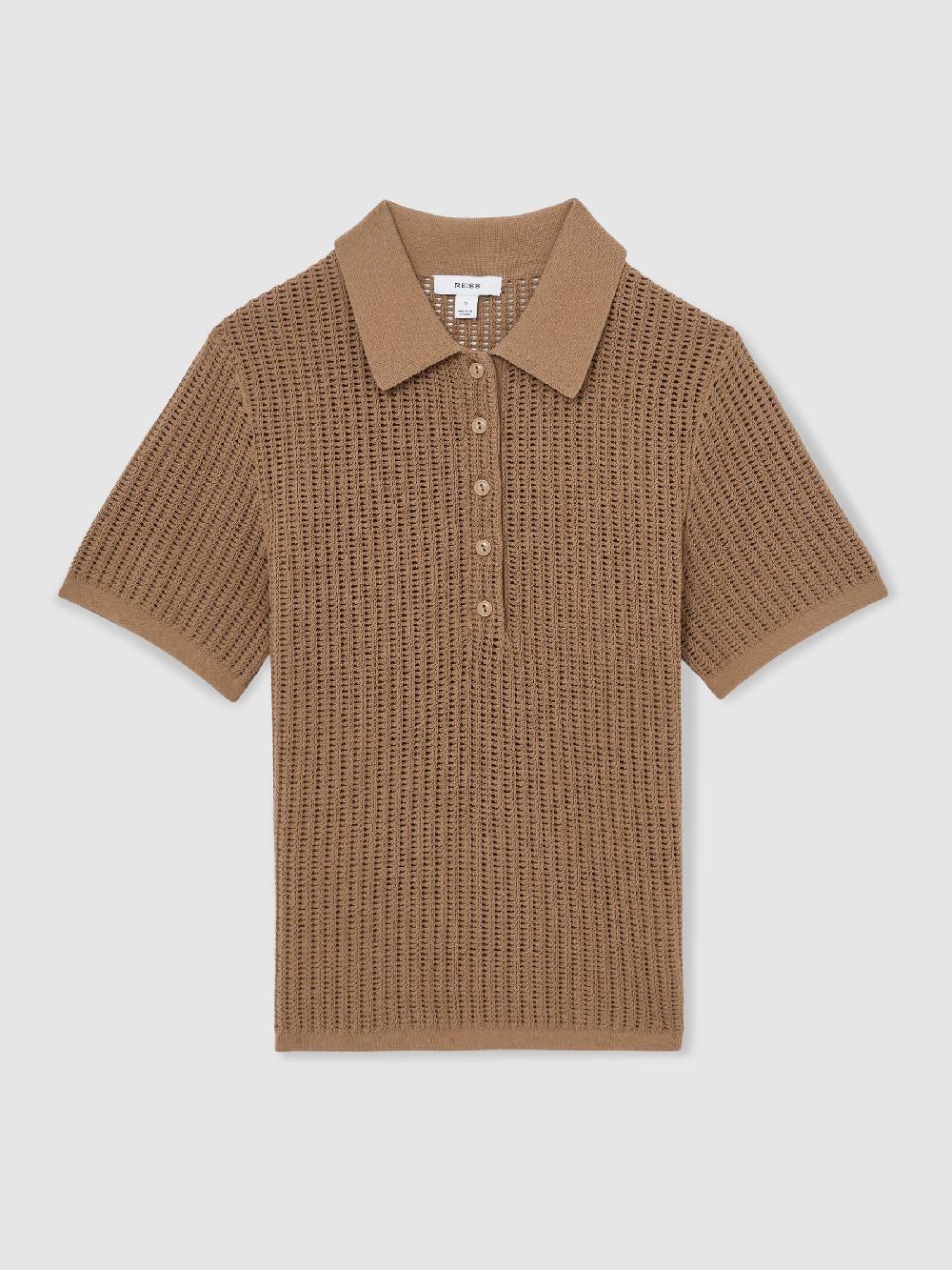 Reiss Cotton-Blend Open-Knit Polo Shirt In Tan
